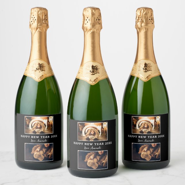 Modern 2 Photo Collage Black Happy New Year 2023  Sparkling Wine Label (Bottles)