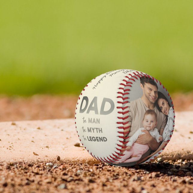 Modern 2 Photo Collage DAD The Man Myth Legend Baseball (Easily personalize this photo baseball for dad for a gift he'll treasure!)