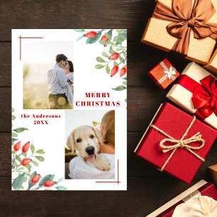 Modern 2 Photo Collage Winter Botanicals Christmas Holiday Card