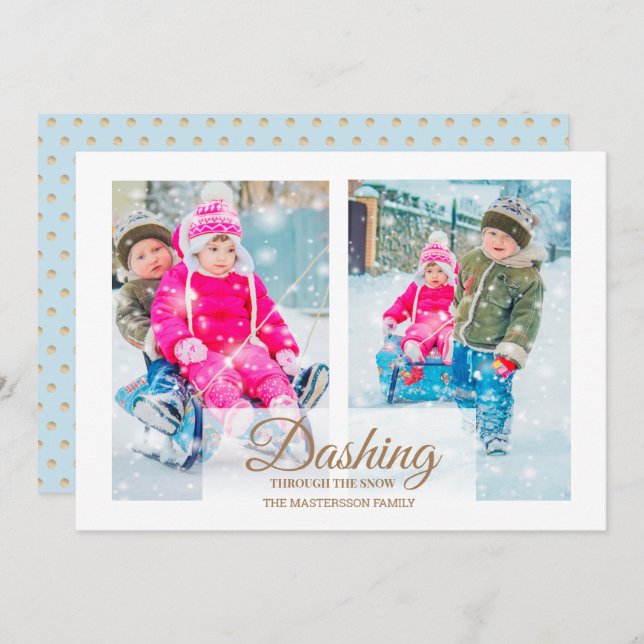 Modern 2 Photo Dashing Through Snow Christmas Invitation (Front/Back)