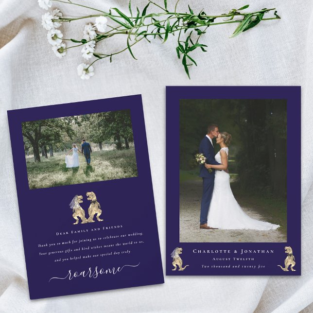 Modern 2 Photo Dinosaur Theme Wedding Navy Blue Thank You Card (Dinosaur theme wedding photo thank you navy blue flat card T-Rex dino bride and groom elegant script)