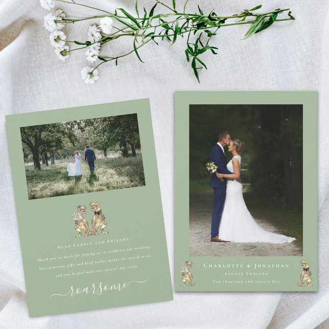 Modern 2 Photo Dinosaur Theme Wedding Sage Green Thank You Card (Dinosaur theme wedding photo thank you sage green flat card T-Rex bride and groom elegant script)