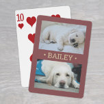 Modern 2 Photo Dog or Any Name Burgundy and Gold Playing Cards<br><div class="desc">Share favourite pictures on game night with elegant custom 2 photo playing cards. This template is set up with a pet's name, but is easy to personalise with a family or friend's name, a wedding couple's monogrammed initials, or any wording of your choice. The colours and font style can also...</div>