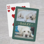 Modern 2 Photo Dog or Any Name Green and Gold Playing Cards<br><div class="desc">Share favourite pictures on game night with elegant custom 2 photo playing cards. This template is set up with a pet's name, but is easy to personalise with a family or friend's name, a wedding couple's monogrammed initials, or any wording of your choice. The colours and font style can also...</div>