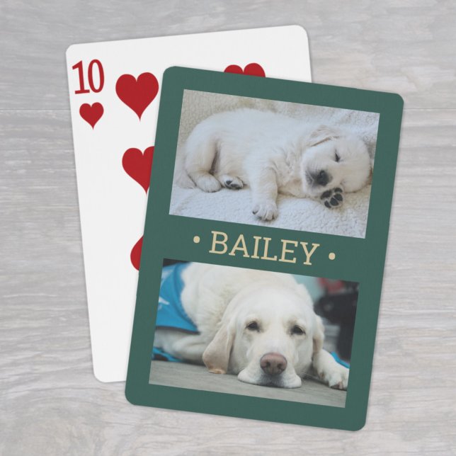 Modern 2 Photo Dog or Any Name Green and Gold Playing Cards (Creator Uploaded)