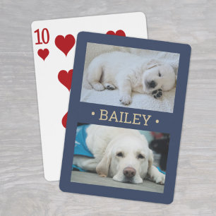 Modern 2 Photo Dog or Any Name Navy Blue and Gold Playing Cards