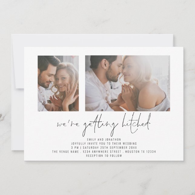 Modern 2 Photo Getting Hitched Wedding Invitation (Front)