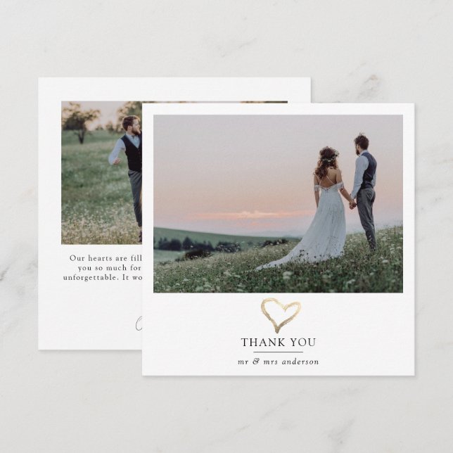 Modern 2 Photo Gold Foil Heart Wedding Thank You Card (Front/Back)