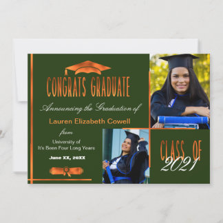 Modern 2 Photo Green & Orange Grad Announcement