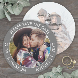 Modern 2 Photo Grey and White Unique Round Wedding Save The Date