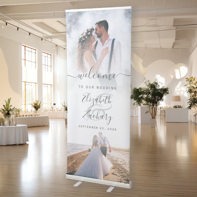 Modern 2-Photo Grey Typography Wedding Welcome Retractable Banner (Creator Uploaded)