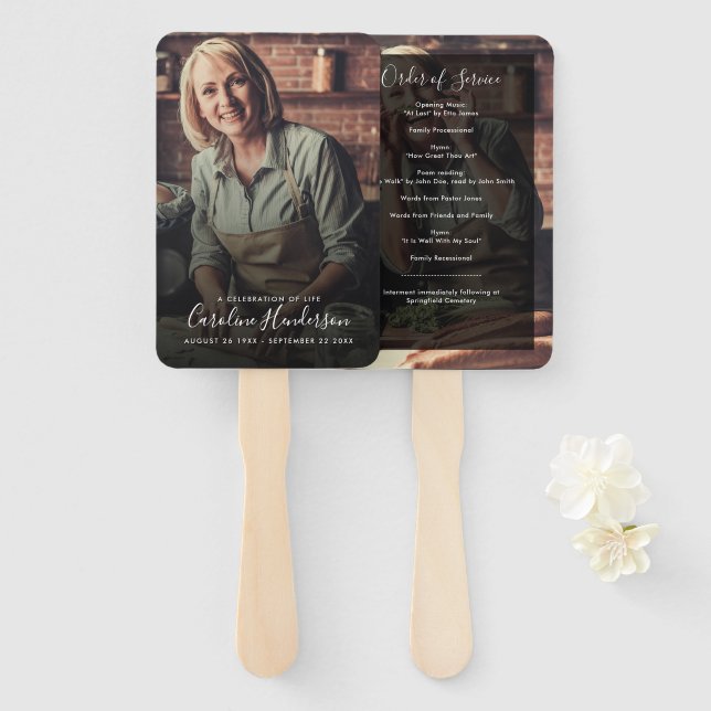 Modern 2-Photo Handwritten Script Funeral Program Hand Fan (Front and Back)