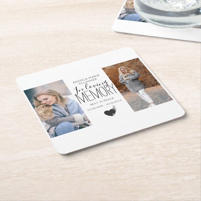Modern 2 Photo In Loving Memory Tribute Square Paper Coaster (Angled)