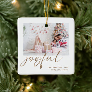 Modern 2 Photo Joyful Gold Script Christmas Ceramic Ornament