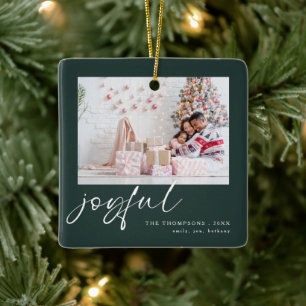 Modern 2 Photo Joyful Script Christmas Green Ceramic Ornament