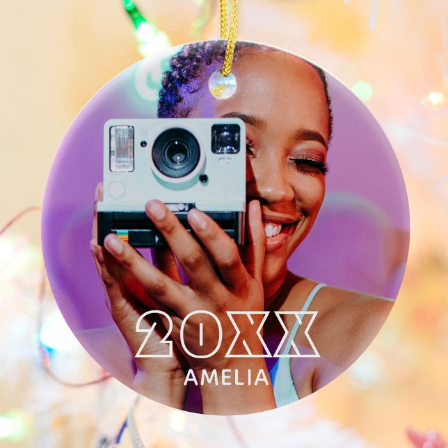 Modern 2 Photo Name Retro Christmas Holiday Ceramic Tree Decoration (Creator Uploaded)