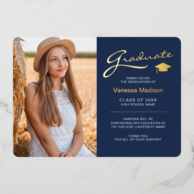 Modern 2 Photo Navy Blue & Gold Foil Grad Card (Front)