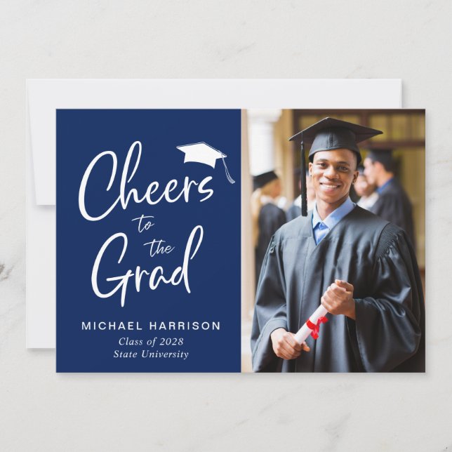 Modern 2 Photo Navy Blue Graduation Announcement (Front)