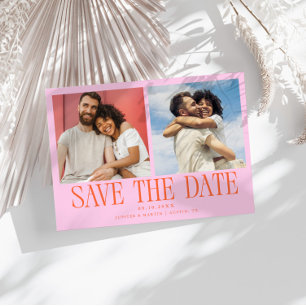 Modern 2-Photo Orange Pink Wedding Save The Date