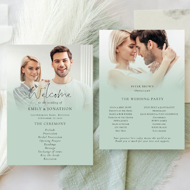 Modern 2 Photo Overlay Script Sage Wedding Program Invitation (Front and back of program available as a digital download or printed)