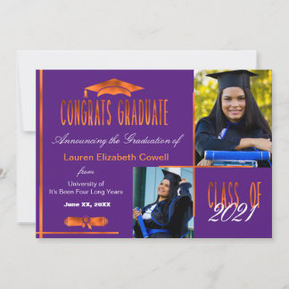 Modern 2 Photo Purple & Orange Grad Announcement