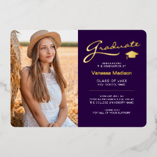 Modern 2 Photo Purple White & Gold Foil Grad Card