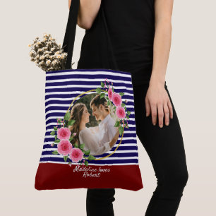 Modern 2 Photo Red & Blue Happy Valentines Gift Tote Bag