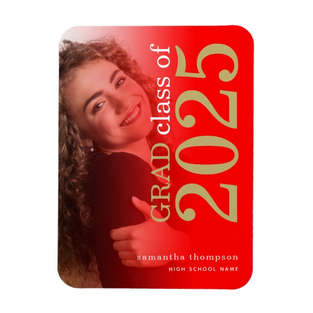 Modern 2 photo Red Gold 2025 Graduation Announceme Magnet (Vertical)