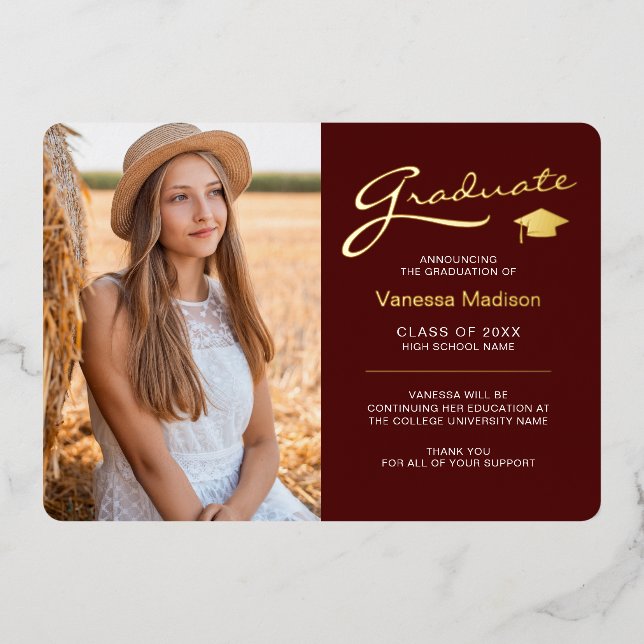 Modern 2 Photo Red White & Gold Foil Grad Card (Front)