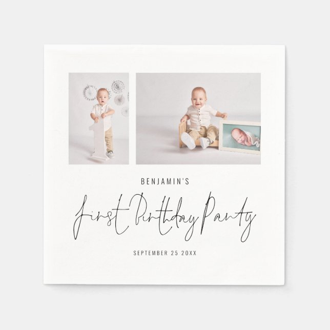 Modern 2 Photo Script First Birthday Party Napkin (Front)