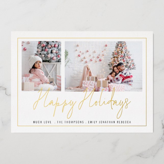 Modern 2 Photo Script Happy Holidays Christmas Foil Holiday Card (Front)
