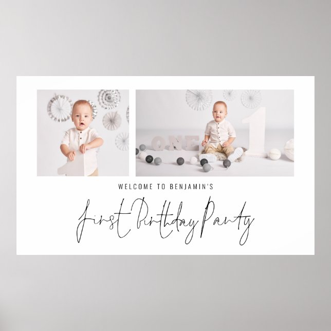 Modern 2 Photo Script Welcome First Birthday Party Poster (Front)