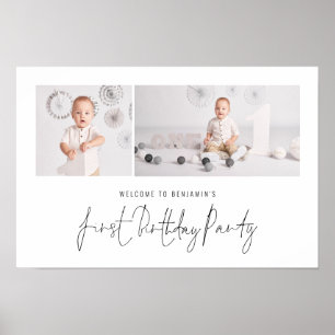 Modern 2 Photo Script Welcome First Birthday Party Poster