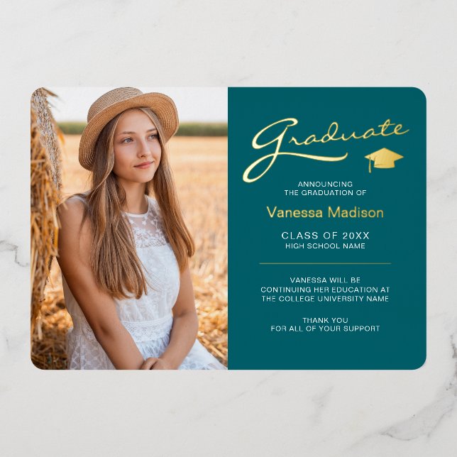 Modern 2 Photo Teal White & Gold Foil Grad Card (Front)
