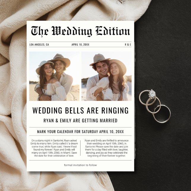 Modern 2 Photo Wedding Bells ringing Newspaper Save The Date (Creator Uploaded)