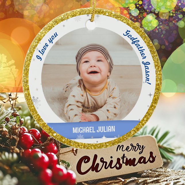 Modern 2 Photos Baby Boy 1st Christmas Godfather Ceramic Tree Decoration (Modern Elegant Cute I love you, Godfather First Christmas Baby Boy 2 Photos Golden Faux Glitter Snow)