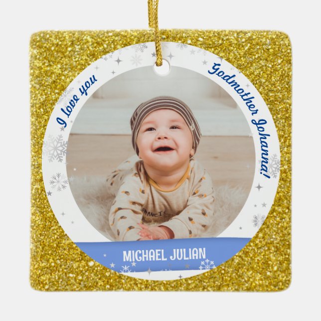 Modern 2 Photos Baby Boy 1st Christmas Godmother Ceramic Ornament (Front)