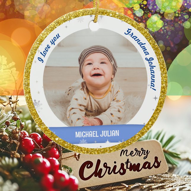 Modern 2 Photos Baby Boy First Christmas Grandma Ceramic Tree Decoration (Modern Elegant Cute I love you, Grandma! First Christmas Baby Boy 2 Photos Snow Golden Faux Glitter)