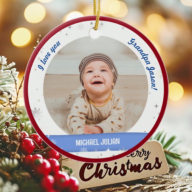 Modern 2 Photos Baby Boy First Christmas Grandpa Ceramic Tree Decoration (Cute Modern Elegant Personalized First Christmas Baby I love you Grandpa Baby Boy 2 Photos Snow)