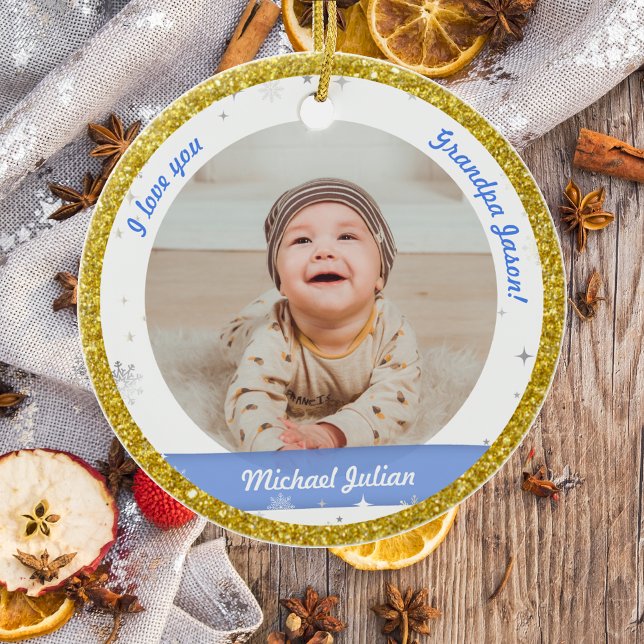 Modern 2 Photos Baby Boy First Christmas Grandpa Ceramic Tree Decoration (Modern Elegant Cute First Christmas Baby I love you Grandpa 2 Photos Snowflakes Stars Golden Frame)
