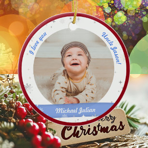Modern 2 Photos Baby Boy First Christmas Uncle Ceramic Tree Decoration