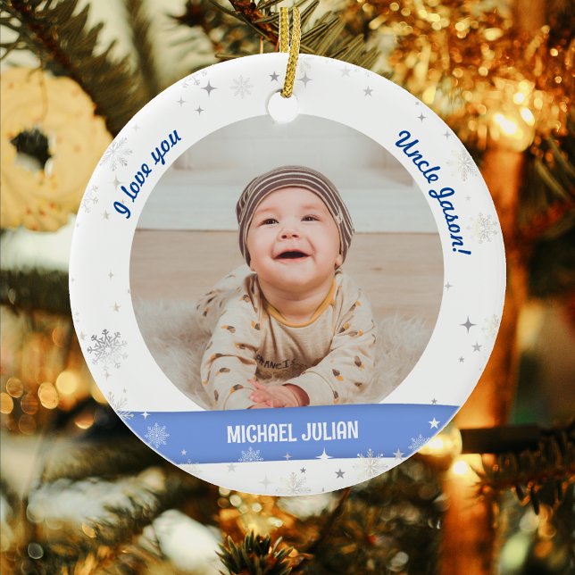Modern 2 Photos Baby Boy First Christmas Uncle Ceramic Tree Decoration (Modern, Cute, Elegant I love you, Uncle! First Christmas Baby Boy. 2 Personalized Photos. Snowflakes)