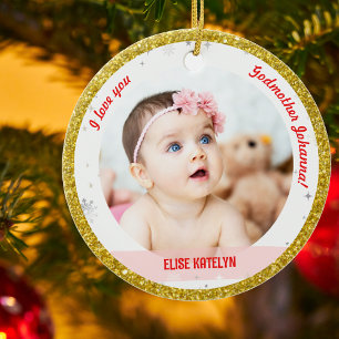 Modern 2 Photos Baby Girl 1st Christmas Godmother  Ceramic Tree Decoration