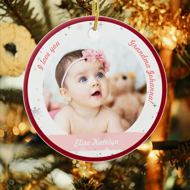 Modern 2 Photos Baby Girl First Christmas Grandma Ceramic Tree Decoration (Modern Elegant Cute First Christmas Baby I love you Grandma Grandmother 2 Photos Snowflakes Red)