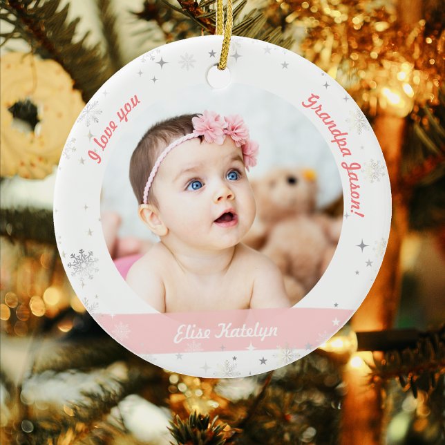 Modern 2 Photos Baby Girl First Christmas Grandpa Ceramic Tree Decoration (Elegant Cute Modern My First Christmas Baby I love you Grandpa Grandfather 2 Photos Snowflakes Stars)