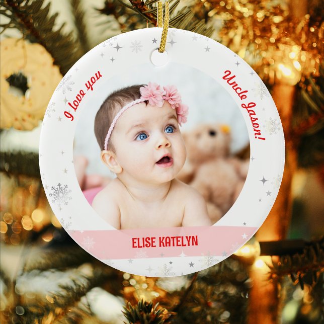 Modern 2 Photos Baby Girl First Christmas Uncle Ceramic Tree Decoration (Modern, Cute I love you, Uncle! First Christmas Newborn Baby Girl. 2 Personalized Photos. Snowflakes)