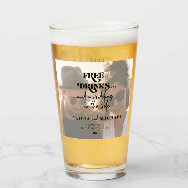 Modern 2 photos free drinks wedding save the date glass (Front Filled)