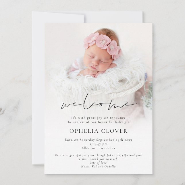 Modern 2 Photos Overlay Welcome Birth Announcement (Front)