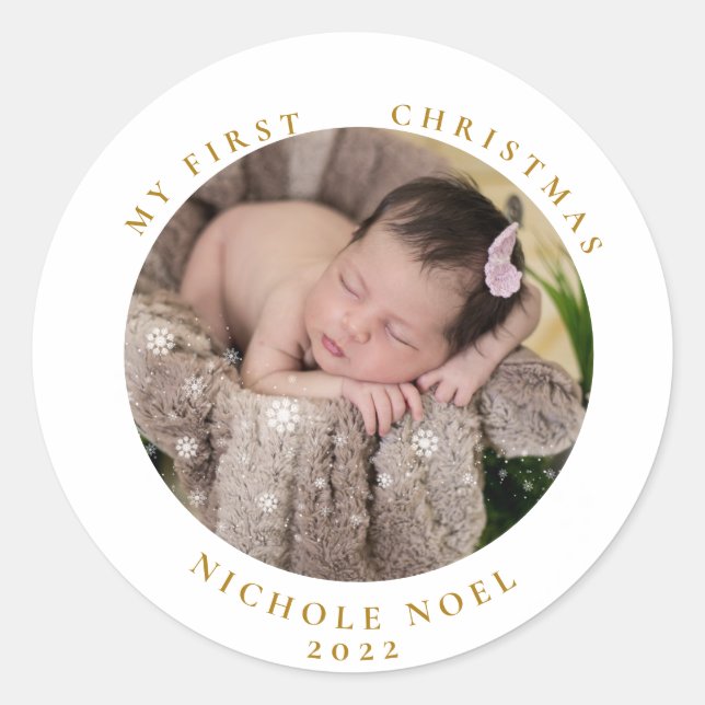 Modern 2-sided My First Christmas Snowflake Photo  Classic Round Sticker (Front)