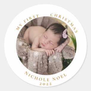 Modern 2-sided My First Christmas Snowflake Photo  Classic Round Sticker